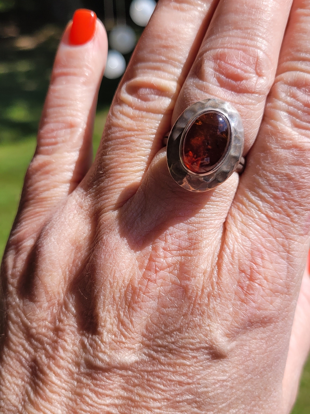 Sterling Silver Amber Oval Ring - Brown Amber